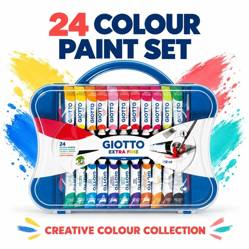 Set di colori a tempera GIOTTO, 24 colori, tubetti da 12 ml, pennello extra fine, con custodia riutilizzabile per il trasporto, ideale per dipingere, miscelare i colori, per l’uso in classe e per attività artistiche domest