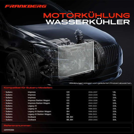 Radiatore Frankberg 1X per Subaru Impreza, Legacy III, Outback, Motori EJ20, EJ25, Codice 45111FE050