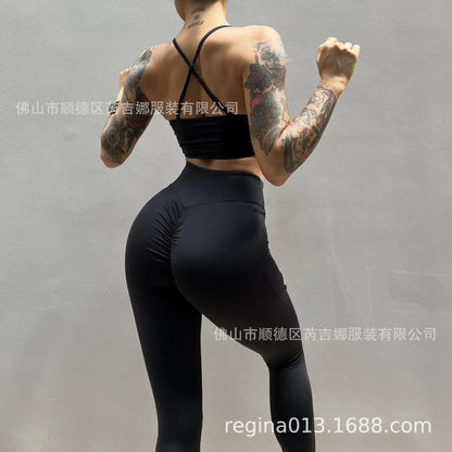 Reggiseno sportivo leggero a V profonda e sexy, pantaloni yoga a vita alta modellanti e scollati da donna