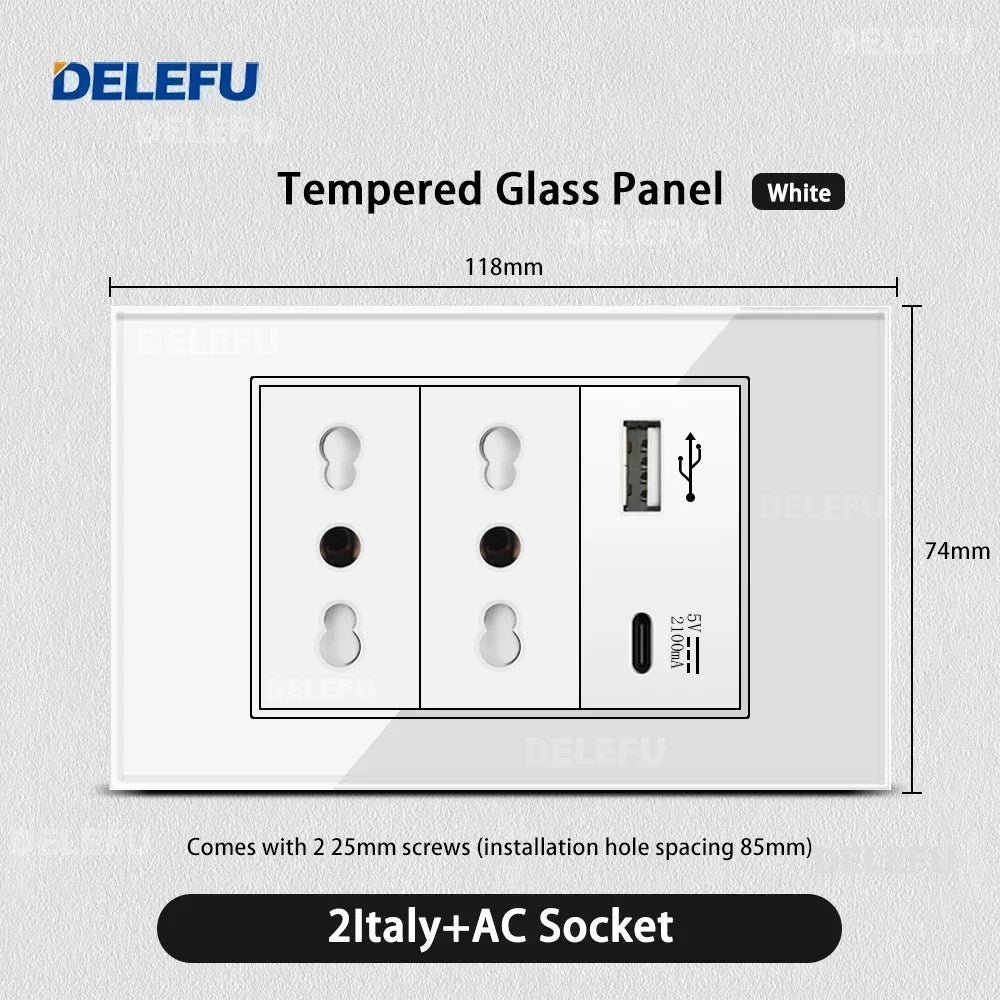 DELEFU Presa a Muro in Vetro Temperato Bianco Italia USB Tipo C Ricarica Rapida Interruttore Schuko TV Satellitare Citofono Cile