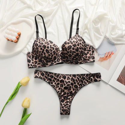 Nuova lingerie europea e americana a 3/4 tazze con stampa leopardata abbinata a un set di biancheria intima da donna sexy perizoma reggiseno push up B2087