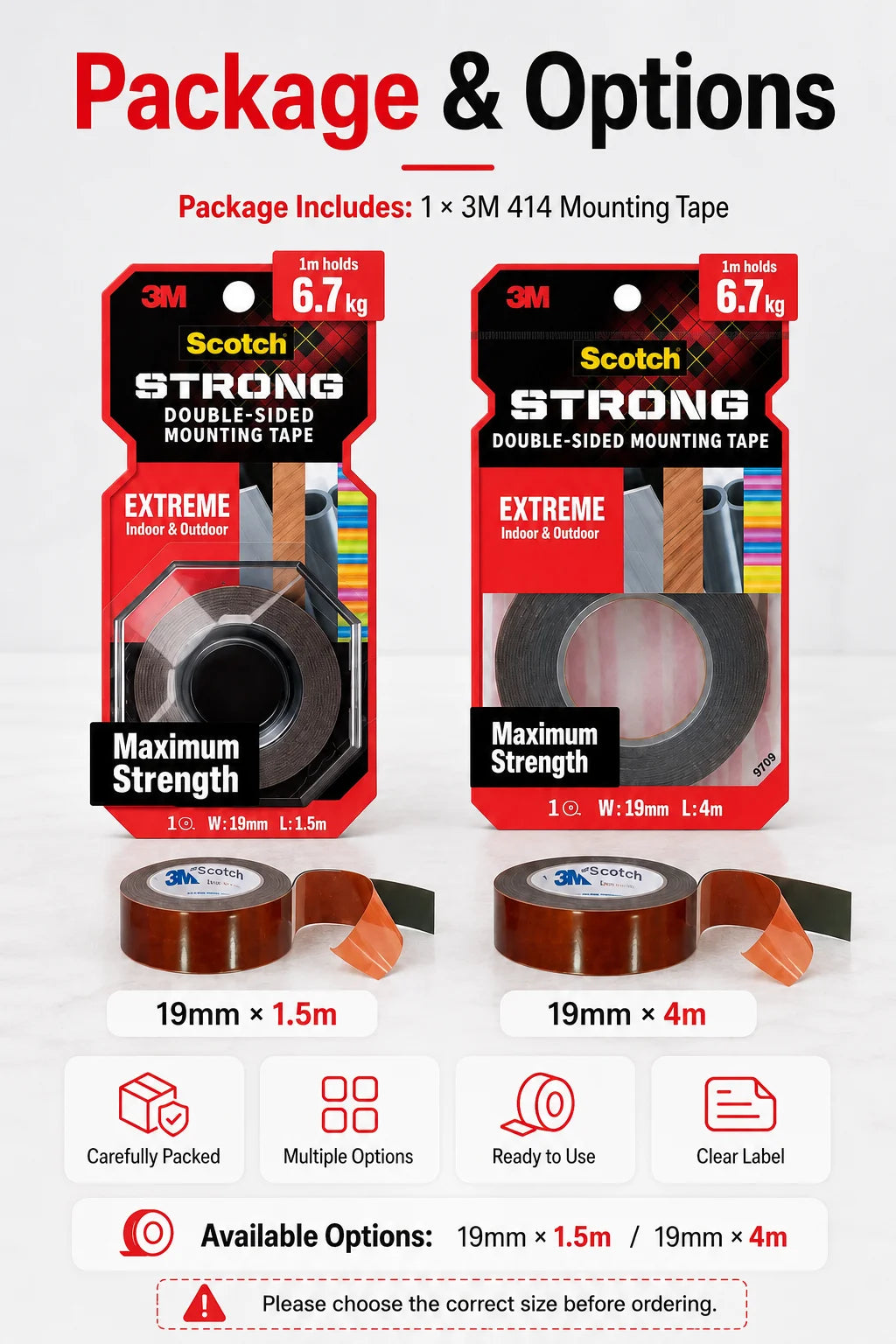 Nastro Biadesivo 3M 414 per Montaggio, Nastro Adesivo in Schiuma Resistente, Impermeabile per Esterni, per Vetro, Metallo, Legno, Muro, 19mm 1.5m 4m