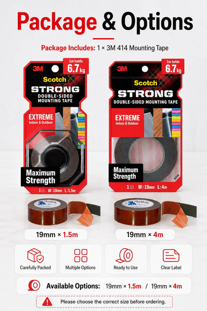 Nastro Biadesivo 3M 414 per Montaggio, Nastro Adesivo in Schiuma Resistente, Impermeabile per Esterni, per Vetro, Metallo, Legno, Muro, 19mm 1.5m 4m