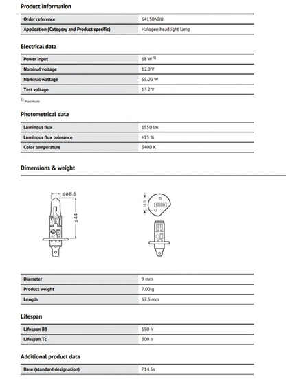 OSRAM H1 NIGHT BREAKER UNLIMITED 12V 55W Lampadina per Fari e Fendinebbia Auto 64150NBU 20% Più Bianca, Fascio Luminoso 40m Più Lungo, 110% Più Luminosa