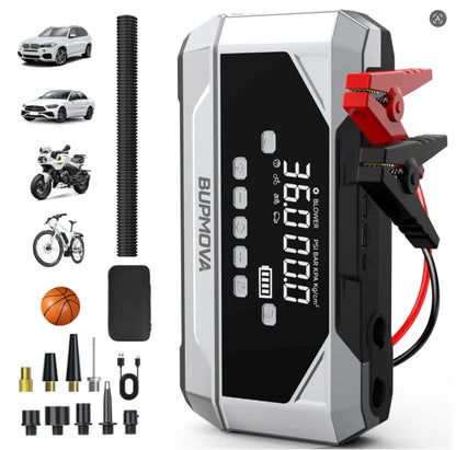 Avviatore di Emergenza Portatile per Auto 1500A, Compressore d'Aria 150PSI 26800mAh/21800mAh, Power Bank con Pompa d'Aria per Gonfiaggio Pneumatici, Avviatore di Emergenza per Auto, Avvia Rapidamente l'Auto, Ingresso/Uscita U