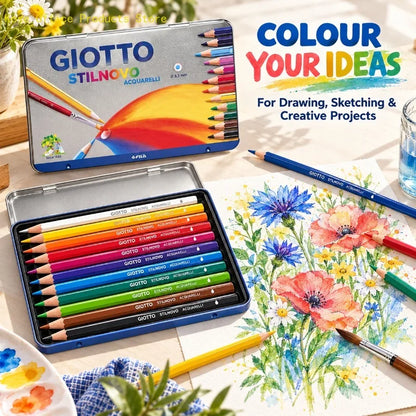 GIOTTO 12 matite colorate per acquerello in una scatola metallica, con mina da 3,3 mm, set per disegno e sfumature dai colori vivaci, ideale per studenti, artisti e appassionati di arte.