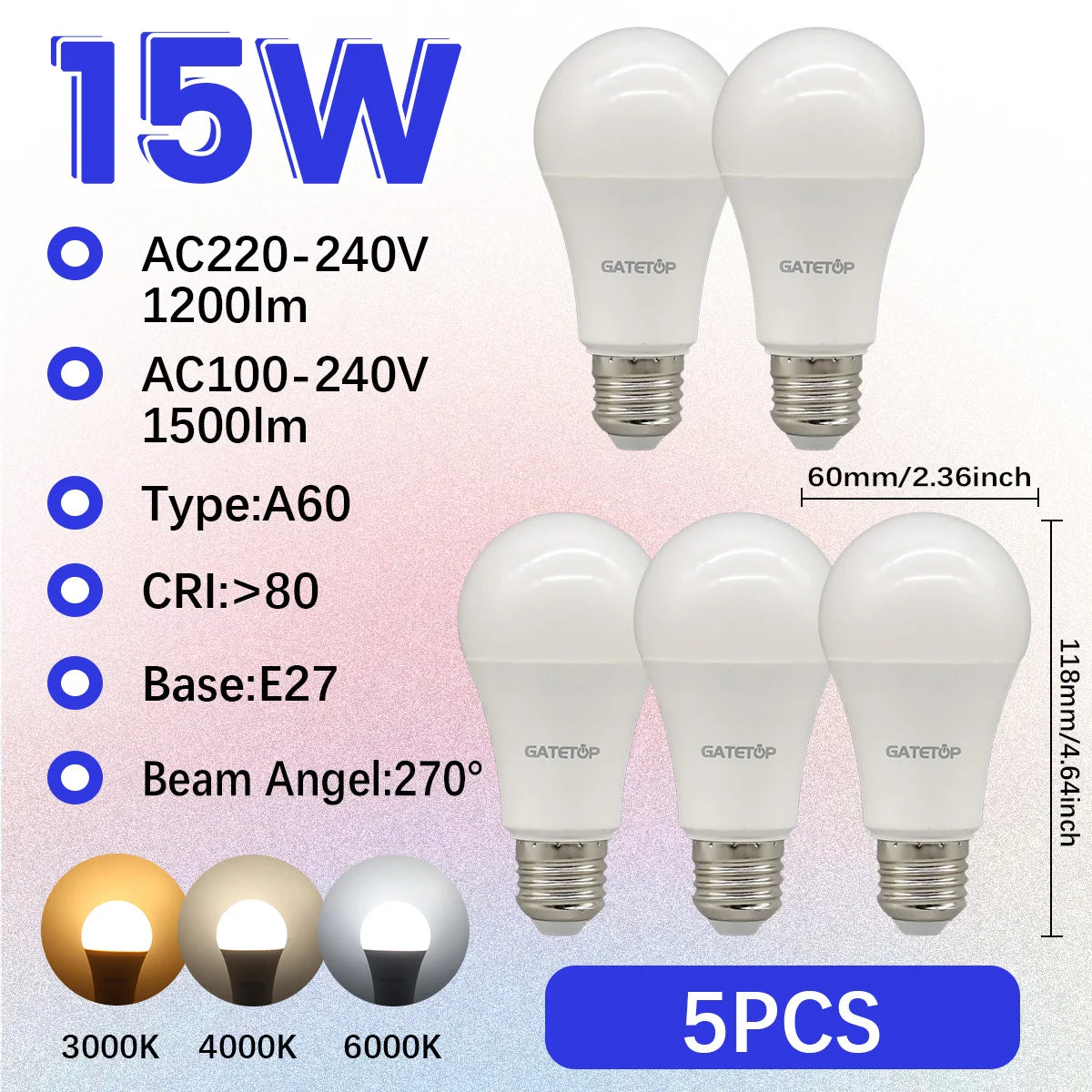 Confezione da 1-10 Lampadine LED 15W 120V 220V 3000K 4000K 6000K Luce Diurna CRI80 Senza Sfarfallio per Illuminazione Domestica Camera da Letto