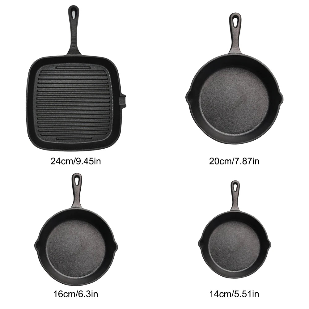Set di 4 Padelle in Ghisa Antiaderenti Pretrattate per Cucinare e Friggere