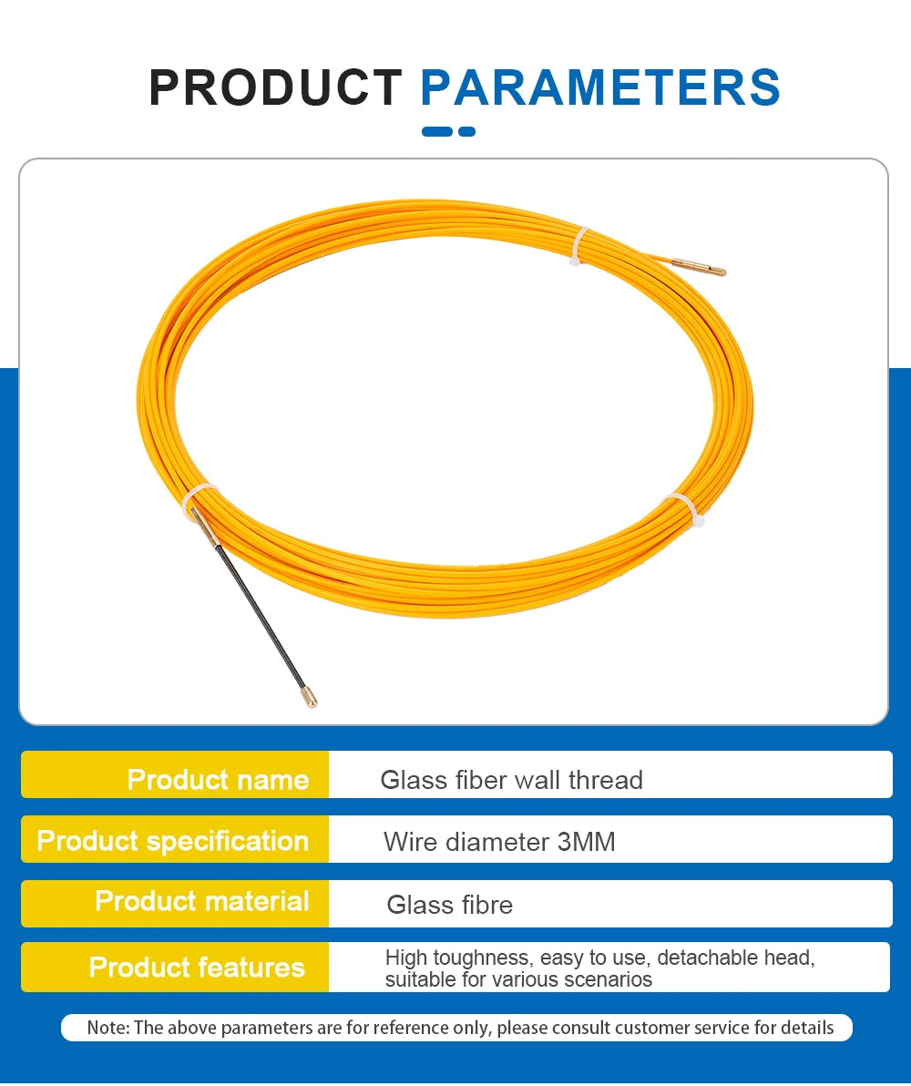 Cavo passacavi in fibra di vetro da 3mm 5-50M, strumento per elettricisti per la passaggio di fili, guida per cavi elettrici attraverso condotti e pareti