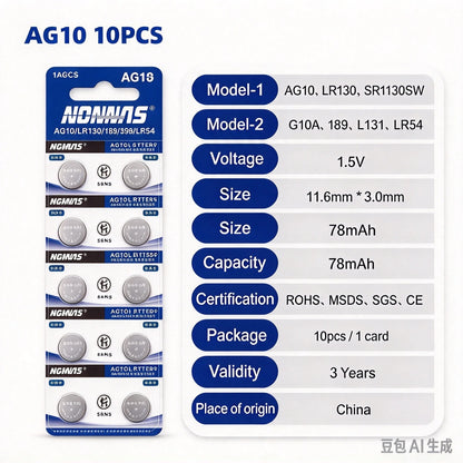 Batteria a bottone AG10 LR1130 LR 1130 SR1130 389A LR54 L1131 per batterie alcaline, orologi, apparecchi acustici, torce, calendari, giocattoli 1.55V