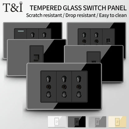 Prese per interruttori a muro T&I con tipo USB  C Ricarica rapida, presa Italia, presa Schuko Cile, pannello in vetro temperato per la casa