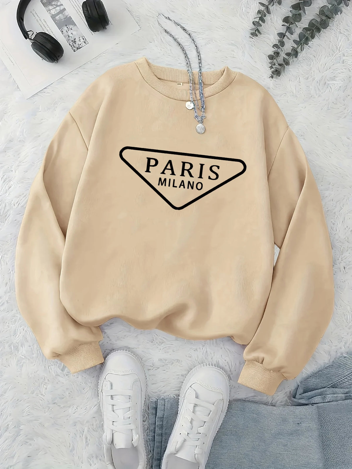 Maglione da donna, modello casual, ideale per l’autunno e l’inverno, ampio, comodo e caldo, con stampa a tema parigino, scollo rotondo e maniche lunghe.