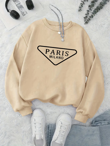 Maglione da donna, modello casual, ideale per l’autunno e l’inverno, ampio, comodo e caldo, con stampa a tema parigino, scollo rotondo e maniche lunghe.