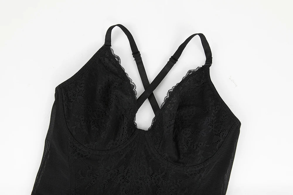 Body modellante in pizzo da donna con ferretto, controllo della pancia, modellante per tutto il corpo, corsetto con scollo a V, top, tuta, slip, lingerie, abbigliamento sexy