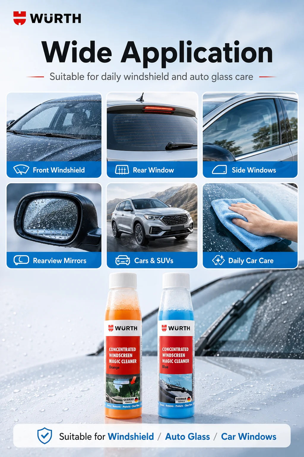 WURTH Detergente Concentrato per Parabrezza 1:100 Miscelazione Rapida Senza Aloni per Vetri Auto 32ml Arancione Blu