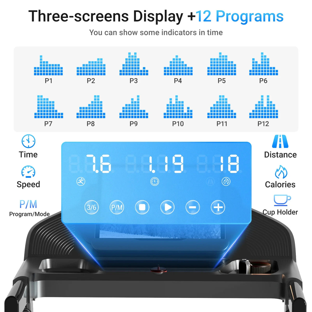 LONTEK SF20 Tapis roulant pieghevole con tre schermi più ampi e supporto, inclinazione del 15% e velocità massima di 12 km/h, 12 programmi preimpostati, capacità di carico di 180 kg