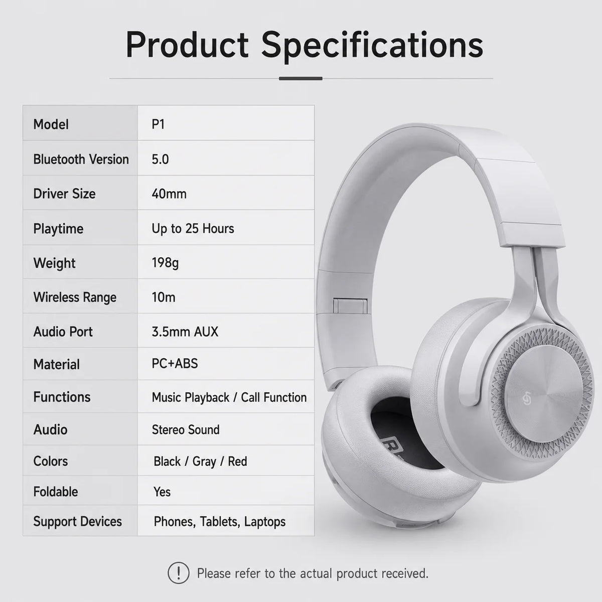 Cuffie Bluetooth P1, Auricolari Wireless con Driver Dinamici da 40mm, Stereo Bass, Pieghevoli, 25 Ore di Autonomia per Musica, Gaming e Chiamate