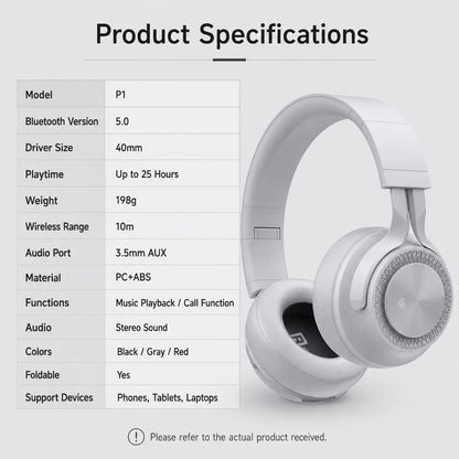 Cuffie Bluetooth P1, Auricolari Wireless con Driver Dinamici da 40mm, Stereo Bass, Pieghevoli, 25 Ore di Autonomia per Musica, Gaming e Chiamate
