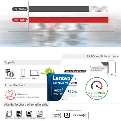 Scheda Micro SD Lenovo 512GB A2 U3 V30 Classe 10 256GB 128GB 1TB Scheda di Memoria TF 4K ad Alta Velocità per Drone, Fotocamera, Telefono