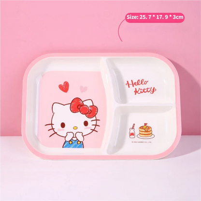 WUHE Set di Stoviglie per Bambini Hello Kitty, Ciotole e Piatti in Melamina, Design Cartoon per Ragazze, Senza BPA, Infrangibile, Lavabile in Lavastoviglie