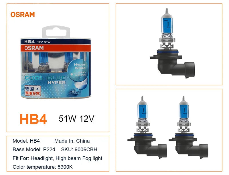 OSRAM H7 H4 H1 H11 HB3 9005 HB4 9006 Lampadina Alogena per Fari Auto, Luce Abbagliante/Anabbagliante 5300K 12V 55W, Bianco Hyper Cool Blue (2 Pezzi)