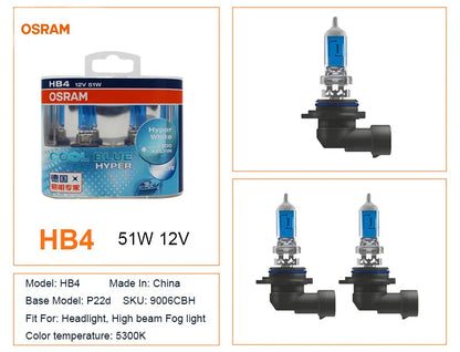 OSRAM H7 H4 H1 H11 HB3 9005 HB4 9006 Lampadina Alogena per Fari Auto, Luce Abbagliante/Anabbagliante 5300K 12V 55W, Bianco Hyper Cool Blue (2 Pezzi)
