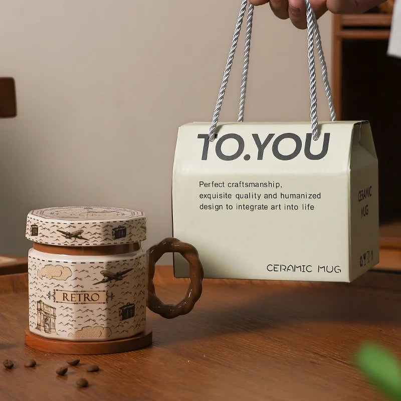 Tazze in ceramica retrò creative, alto livello di aspetto, tazze famose in Internet, souvenir di lusso leggero, tazze da caffè con LIDS