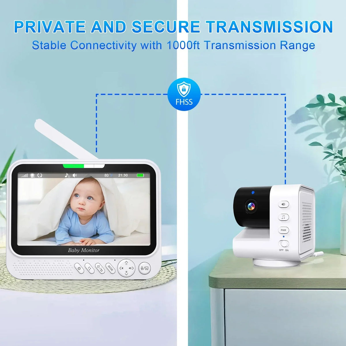 Monitor per bambini intelligente da 7 pollici con telecamera PTZ avanzata, zoom, sensore di temperatura, funzione di ninna nanna rilassante, visione notturna e audio bidirezionale. Offre una sorveglianza affidabile per la sic