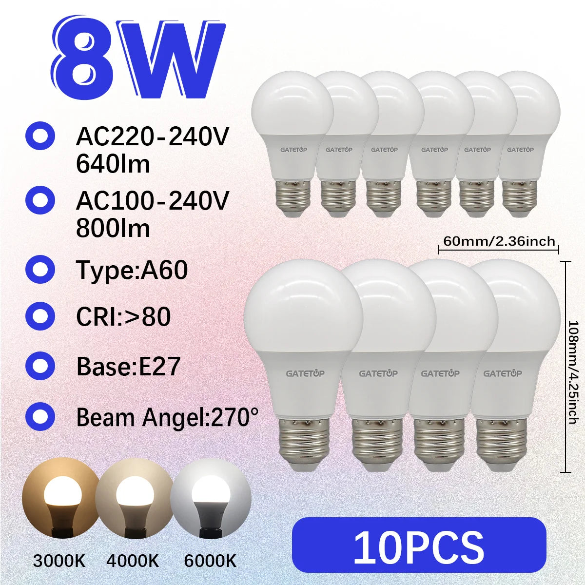 1-10 Pezzi Lampadine LED 8W AC 110V 220V E27, Illuminazione Calda e Diurna, RA80, per Casa, Lampade di Alta Qualità