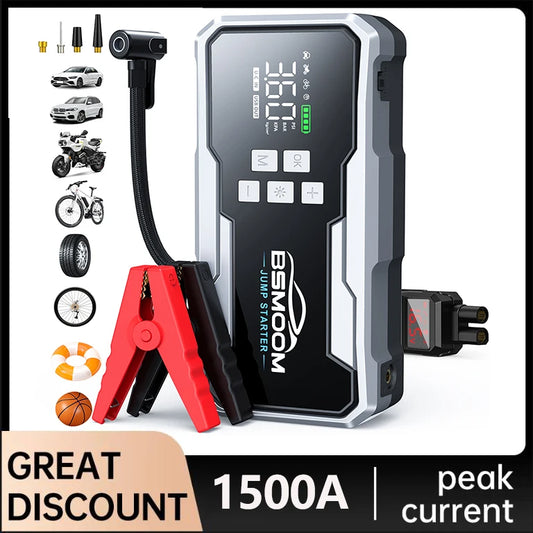Avviatore di Emergenza Portatile per Auto 1500A, Compressore d'Aria 150PSI 26800mAh/21800mAh, Power Bank con Pompa d'Aria per Gonfiaggio Pneumatici, Avviatore di Emergenza per Auto, Avvia Rapidamente l'Auto, Ingresso/Uscita U