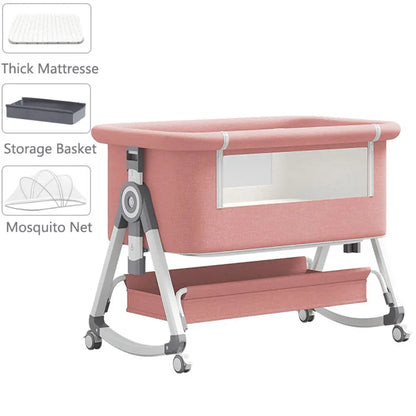 Culla combinata 3 in 1 per neonati, lettino da affiancare al letto, box per bambini, ruote girevoli, altezza regolabile, con materasso confortevole e zanzariera