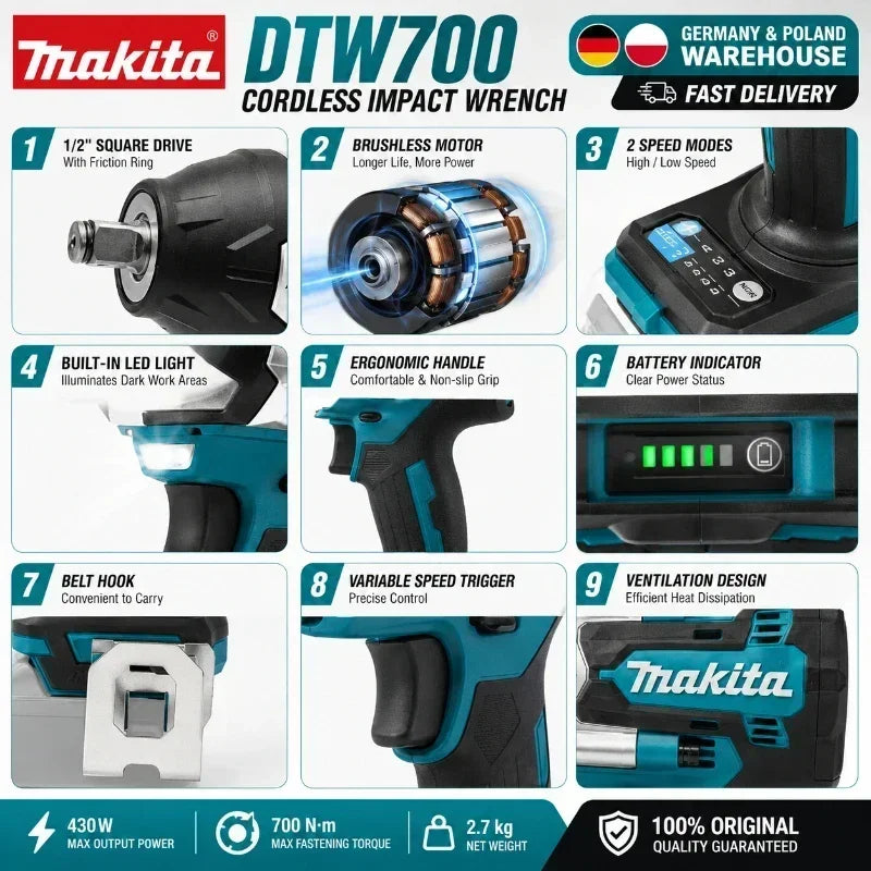 Avvitatore a impulsi Makita DTW700 18V senza fili, brushless, 700 Nm, professionale, con attacco quadrato da 1/2 pollice, velocità variabile, Auto-Stop, compatibile con batterie Makita LXT BL1830 BL1840 BL1850 BL1860B - Maga