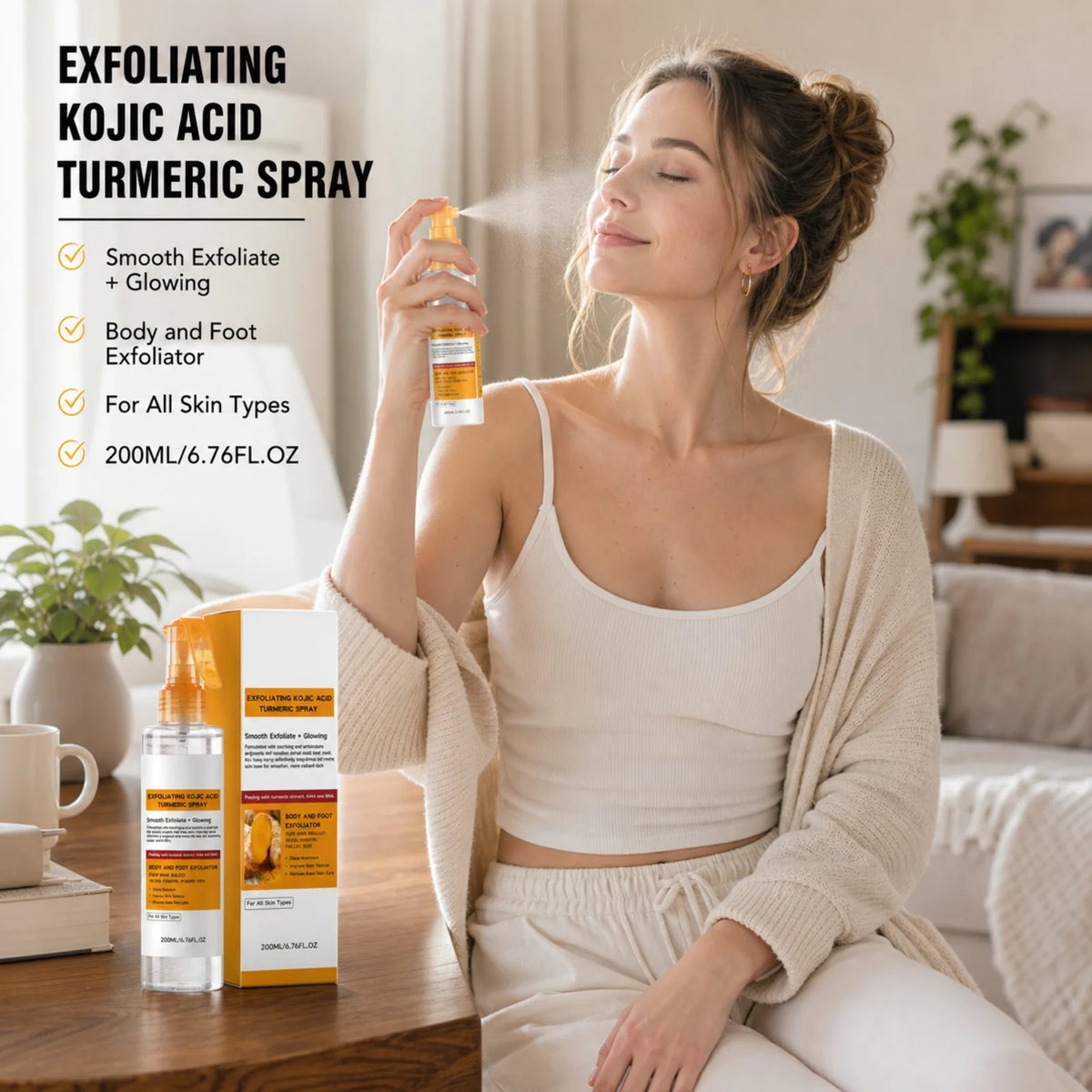 Set per la Cura della Pelle con Spray ed Siero Esfoliante all'Acido Kojico e Curcuma, Esfoliazione Delicata, Migliora il Tono Opaco, Kit Illuminante e Levigante