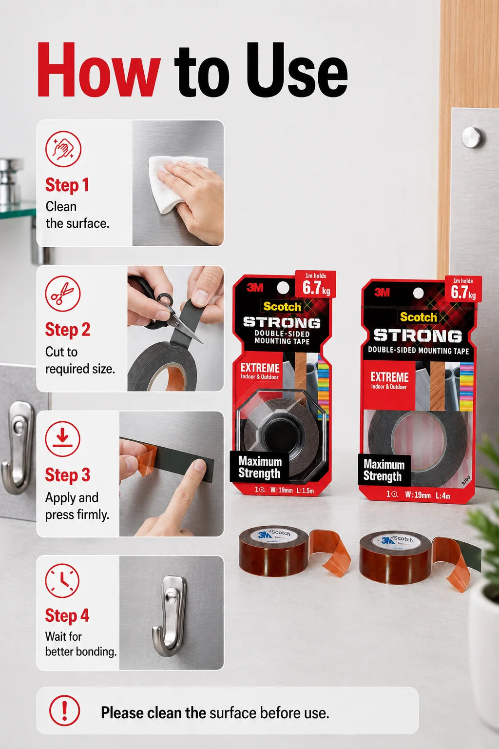 Nastro Biadesivo 3M 414 per Montaggio, Nastro Adesivo in Schiuma Resistente, Impermeabile per Esterni, per Vetro, Metallo, Legno, Muro, 19mm 1.5m 4m