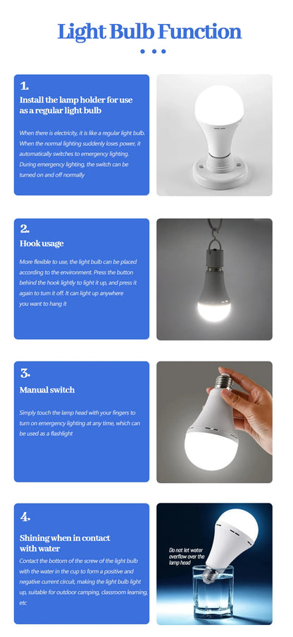 Lampadina LED ricaricabile E27 7W 1500mAh 220V 110V Lampadina di emergenza per alimentazione domestica Lampada da giardino per portico da campeggio in guasto all'aperto