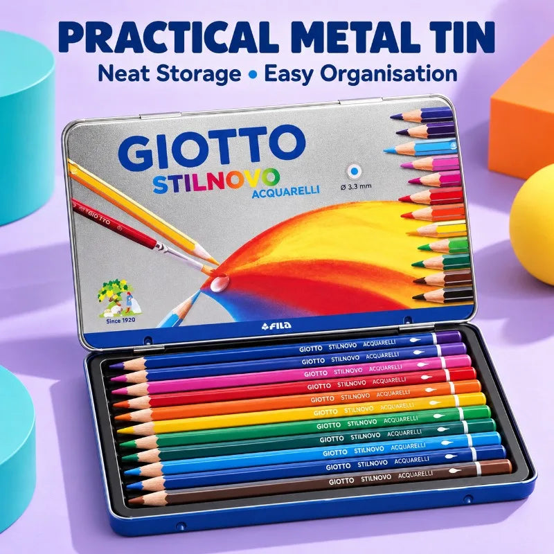 GIOTTO 12 matite colorate per acquerello in una scatola metallica, con mina da 3,3 mm, set per disegno e sfumature dai colori vivaci, ideale per studenti, artisti e appassionati di arte.
