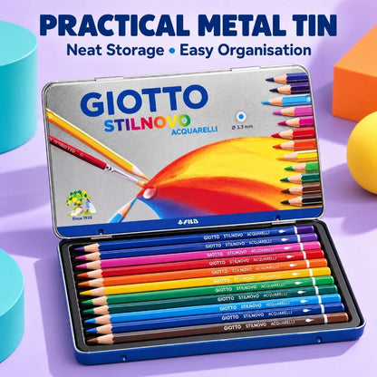 GIOTTO 12 matite colorate per acquerello in una scatola metallica, con mina da 3,3 mm, set per disegno e sfumature dai colori vivaci, ideale per studenti, artisti e appassionati di arte.
