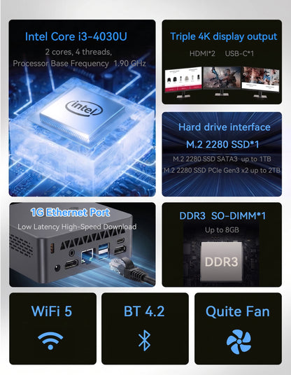 Mini PC MLLSE M2 con Intel Core i3-4030U, 8GB di RAM DDR3, SSD da 128GB, Wi-Fi 5, Bluetooth 4.2, Windows 10 , Mini Computer Desktop