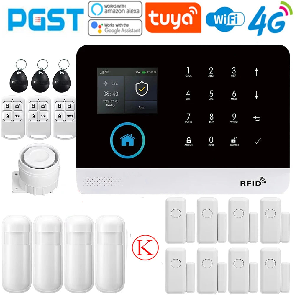 Sistema di allarme domestico PGST, 4G, WIFI, GSM, allarme di sicurezza, antifurto con sensore di movimento per porte, controllo tramite l'app Tuya Smart, compatibile con