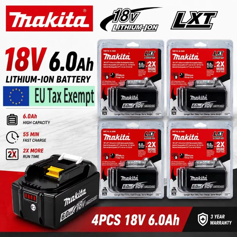 Batteria per utensili Makita 18V 100% originale, 6.0Ah, potenza stabile, per utensili elettrici della serie Makita 18V LXT, sostituisce la batteria originale.