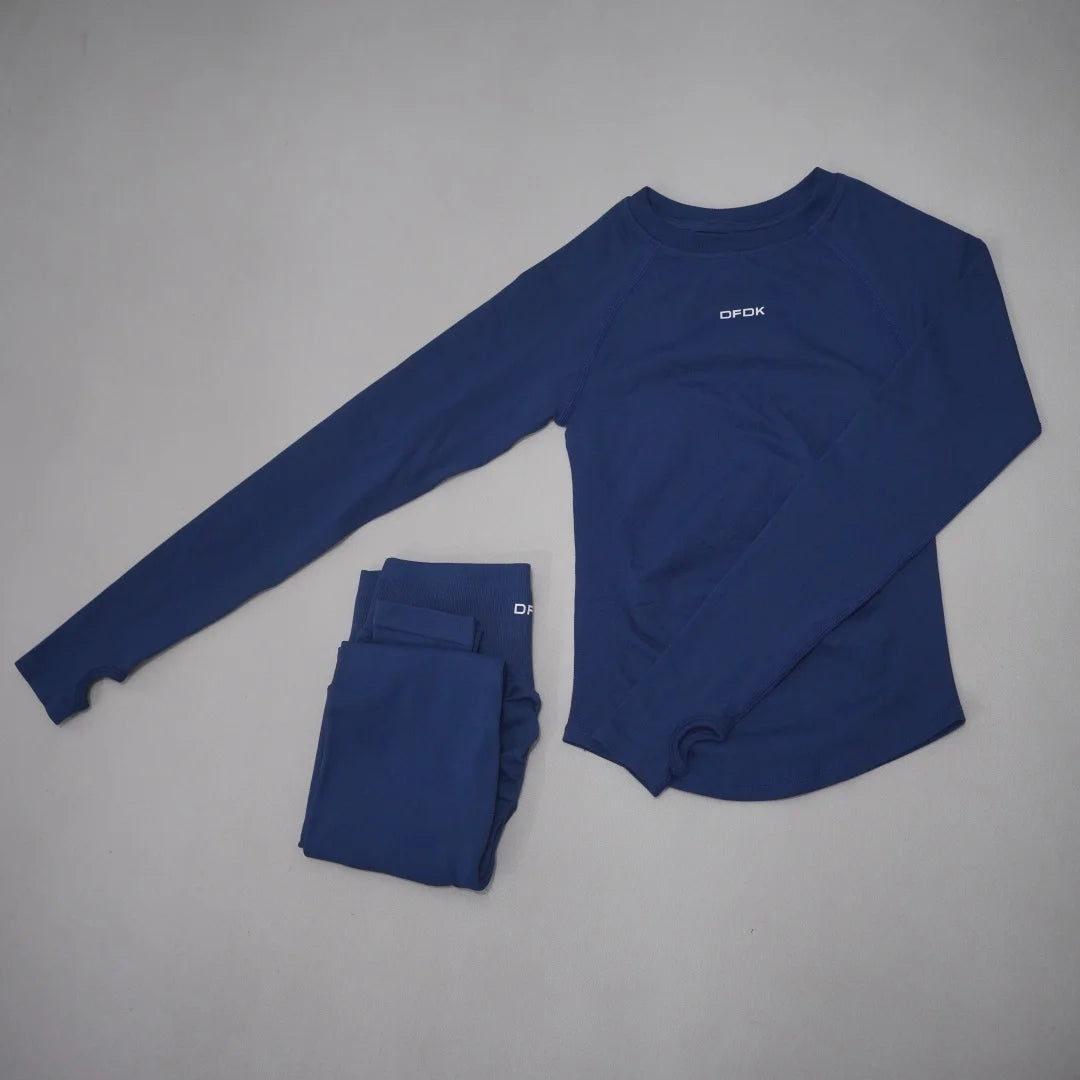 DFDK Set Yoga da Donna 2 Pezzi Senza Cuciture, Top a Maniche Lunghe Slim Fit e Leggings a Vita Alta, Traspirante e ad Asciugatura Rapida per Palestra, Corsa e Fitness