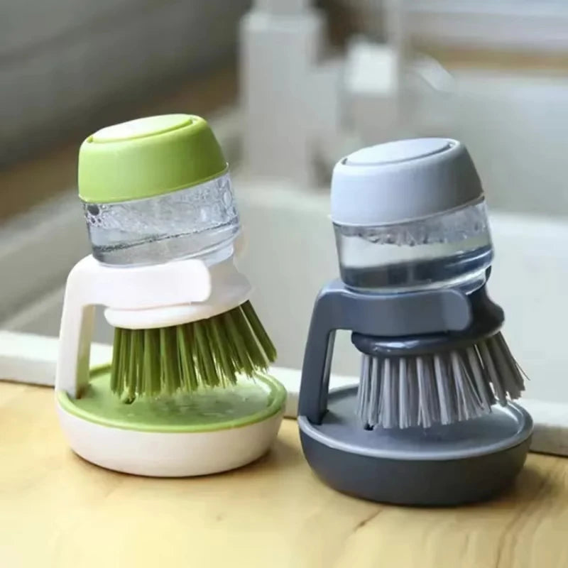 Spazzola per piatti con dispenser di sapone Spazzola per palme Lavaggio dei piatti Spazzole per scrub da cucina con supporto Vassoio antigoccia