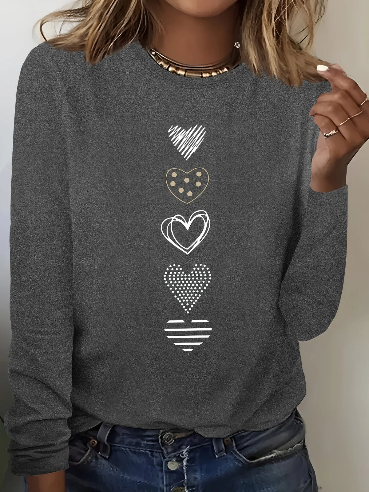 Abbigliamento primaverile e autunnale da donna in cotone 100 T-shirt stampata con cuore colorato Manica lunga Girocollo Top casual