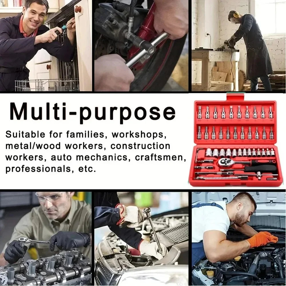 Set di 46 pezzi di bussole a cricchetto da 1/4 di pollice con punte esagonali metriche, kit di attrezzi meccanici per la riparazione auto