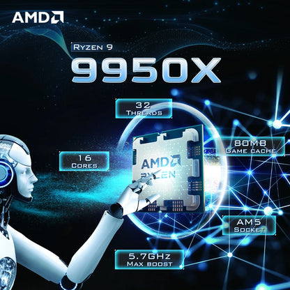 CPU Desktop AMD Ryzen 9 9950X 16-Core 32T 5.7GHz Max Boost 64MB L3 Cache Socket AM5 DDR5 170W TDP Serie 9000 Senza Ventola