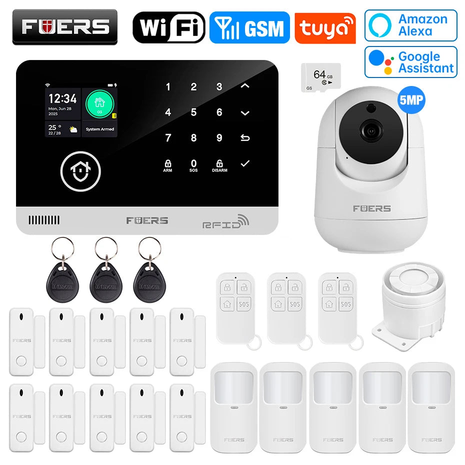 FUERS Sistema di allarme Smart Home WIFI GSM Allarme di sicurezza Host Ant-furto con sensore di movimento porta Tuya Smart App controllo lavoro Alexa