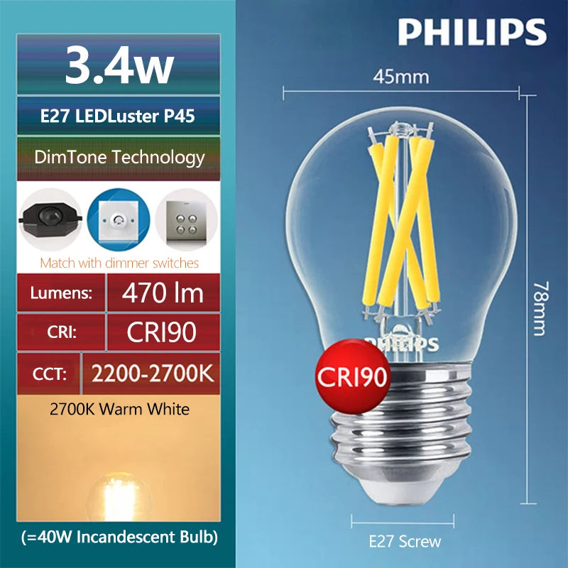 Philips Master Vetro LED Candela Lustro E14 E27 Lampadina Filamento B35 P45 A60 Lampada trasparente DimTone Dimimmable Luce bianca calda per interni