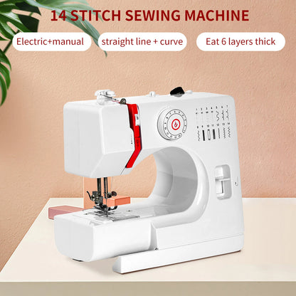 Macchina da Cucire Elettrica Mini 728 Fai-da-te con 14 Punti, Tavolo di Estensione, Kit per Tessuti in Cotone e Cucito, Cucitura Inversa e 14 Tipi di Punti Interni, EU