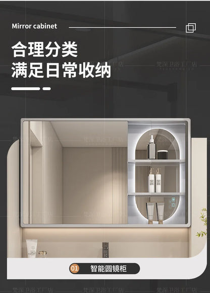 Mobile Bagno Moderno Intelligente con Lavabo Integrato in Ceramica, Armadietti in Rovere, Specchio LED e Mobiletto - Arredamento Bagno