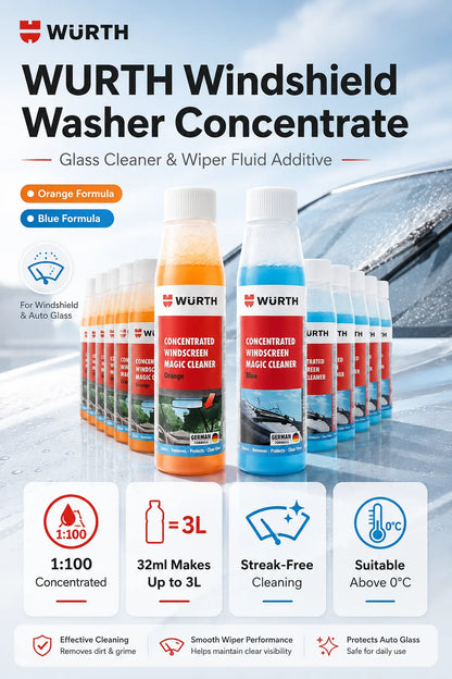 WURTH Detergente Concentrato per Parabrezza 1:100 Miscelazione Rapida Senza Aloni per Vetri Auto 32ml Arancione Blu